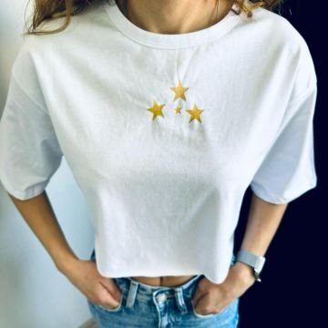 Yıldız Baskılı Beyaz Crop T-Shirt