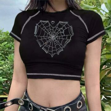 Harajuku Fashion Spider Web Heart Siyah Yarım Crop T-shirt