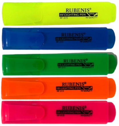 Rubenis Fosforlu İşaretleme Kalemi Sarı + Mavi + Yeşil + Turuncu + Pembe 5 li Set RF-315