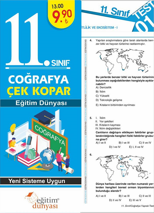 SÜPER FİYAT Eğitim Dünyası 11. Sınıf Coğrafya Yaprak Test Çek Kopar Eğitim Dünyası Yayınları