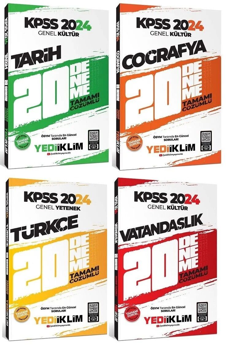 Yediiklim 2024 KPSS Türkçe+Tarih+Coğrafya+Vatandaşlık 80 Deneme 4 lü Set Yediiklim Yayınları