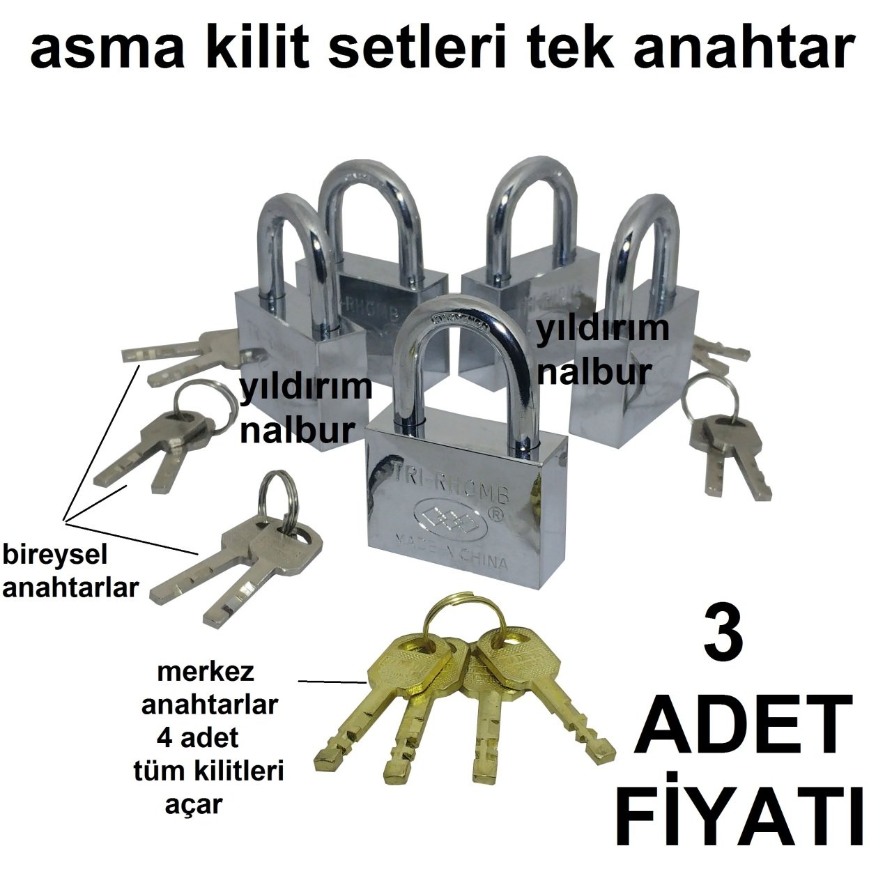 ASMA KİLİT 3LÜ SET MERKEZ ANAHTARLI MASTER ANAHTAR TEK AHATAR AÇAR