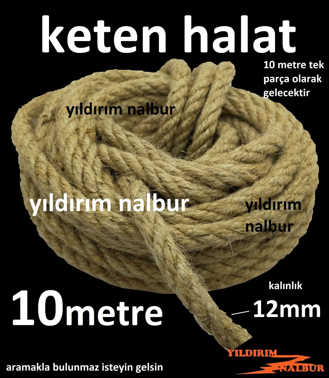 KETEN HALAT 12MM KALINLIK 10 METRE KALIN AVİZE HALAT KEDİ HALAT