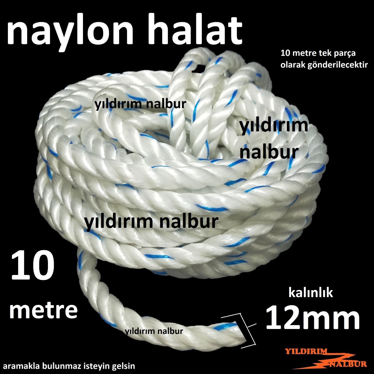 NAYLON BEYAZ HALAT 12MM KALINLIK 10 METRE KALIN DENİZ HALATI KALIN İP