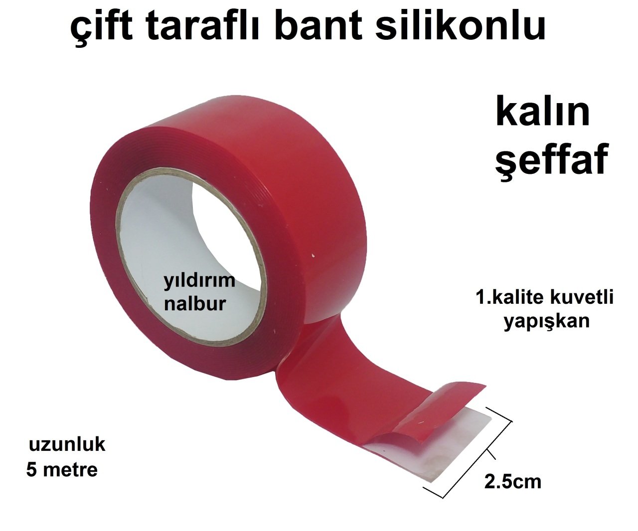 ÇİFT TARAFLI BANT 5MT 2.5CM SİLİKONLU ŞEFFAF KUVVETLİ SÜPER