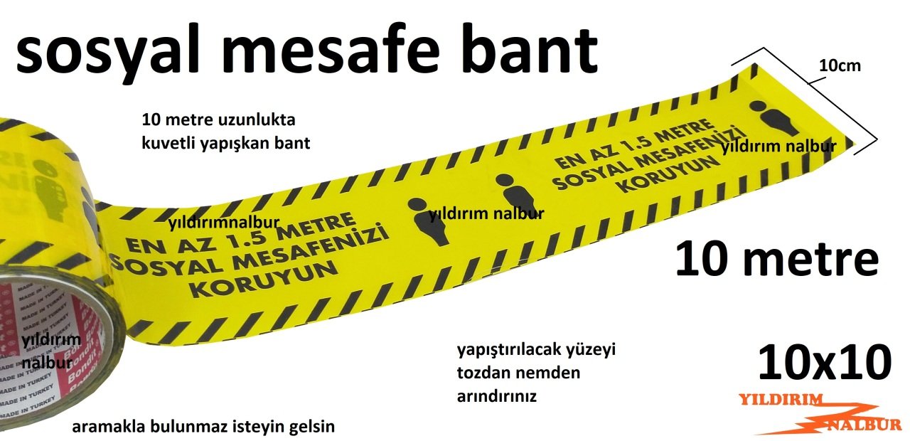 SOSYAL MESAFE BANT ŞERİT KORUMA BANTI SARI 10 METRE SAĞLIK BANTI 10CM İKAZ BANTI 1.5METRE MESAFE BAN