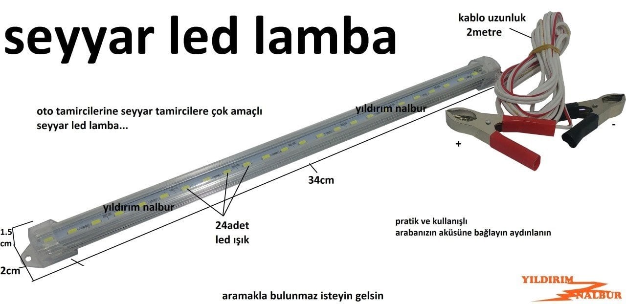 SEYYAR LED LAMBA OTO TAMİR AKÜ LAMBASI TAMİRCİ LAMBASI 2 METRE