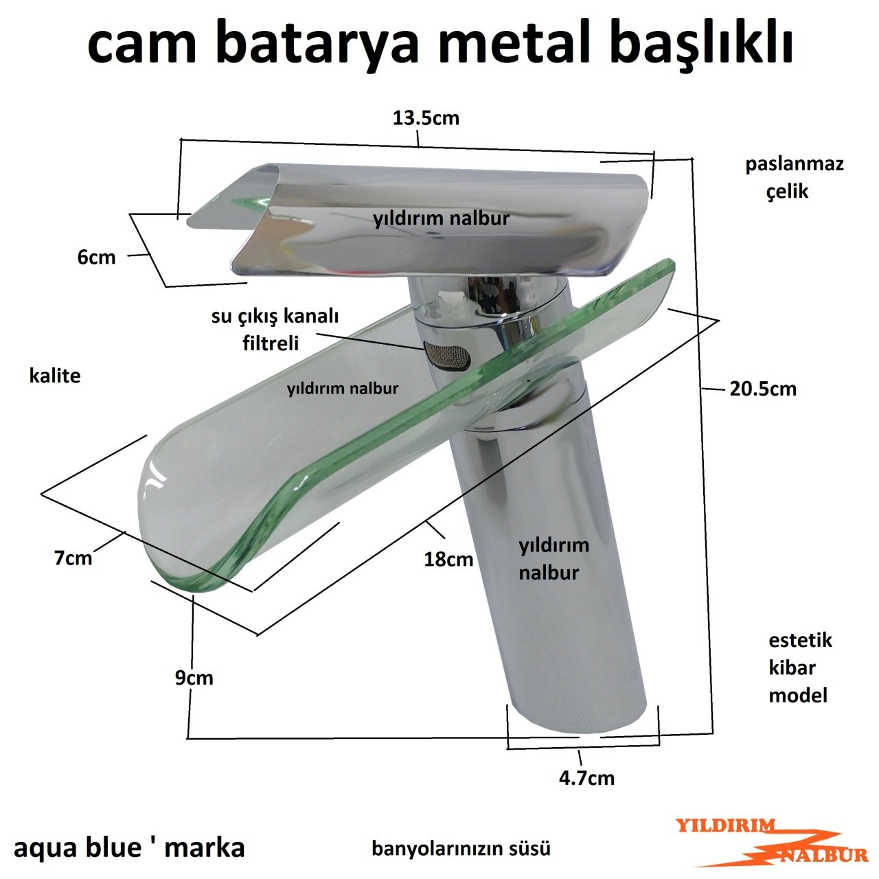 CAM BATARYA ŞELALE TİPİ LAVABO İÇİN LAVABO BATARYASI AÇ KAPA