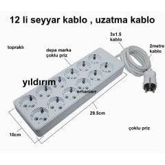 SEYYAR KABLO UZATMA KABLO 12Lİ GRUP PRİZ ARA KABLO 2 METRE 3x1.5 BEYAZ RENK ÇOKLU PRİZ