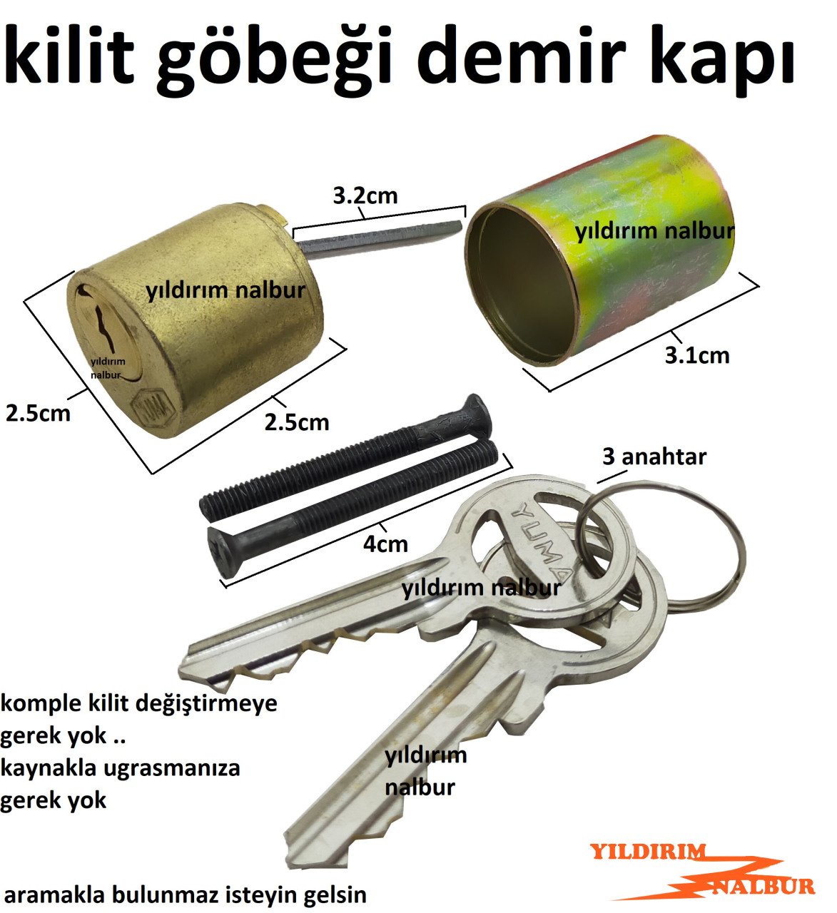 DEMİR KAPI KİLİT GÖBEĞİ DEMİR DOĞRAMA KİLİDİ BAREL YUVARLAK TRAJLI KİLİT BARELİ 2 ANAHTAR