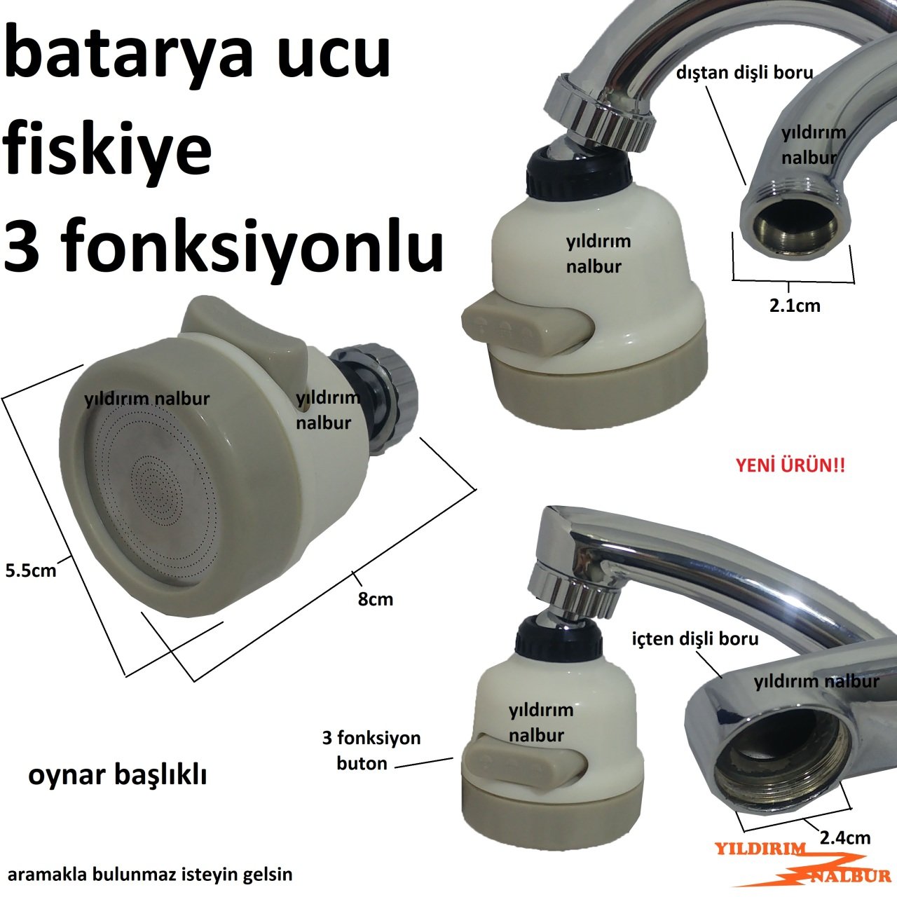 MUTFAK BATARYA UCU 3 FOKSİYON OYNAR DUŞ PERLATÖR FİLTRELİ MUSLUK UCU YENİ