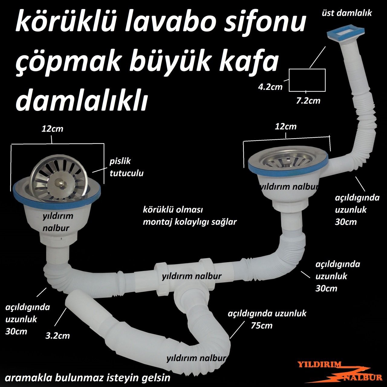 ÇÖPMAK KÖRÜKLÜ SİFON ÜSTTEN DAMLALIKLI ÇİFTLİ BÜYÜK KAFA EVYE SİFONU LAVABO GİDERİ PİSLİK TUTUCULU