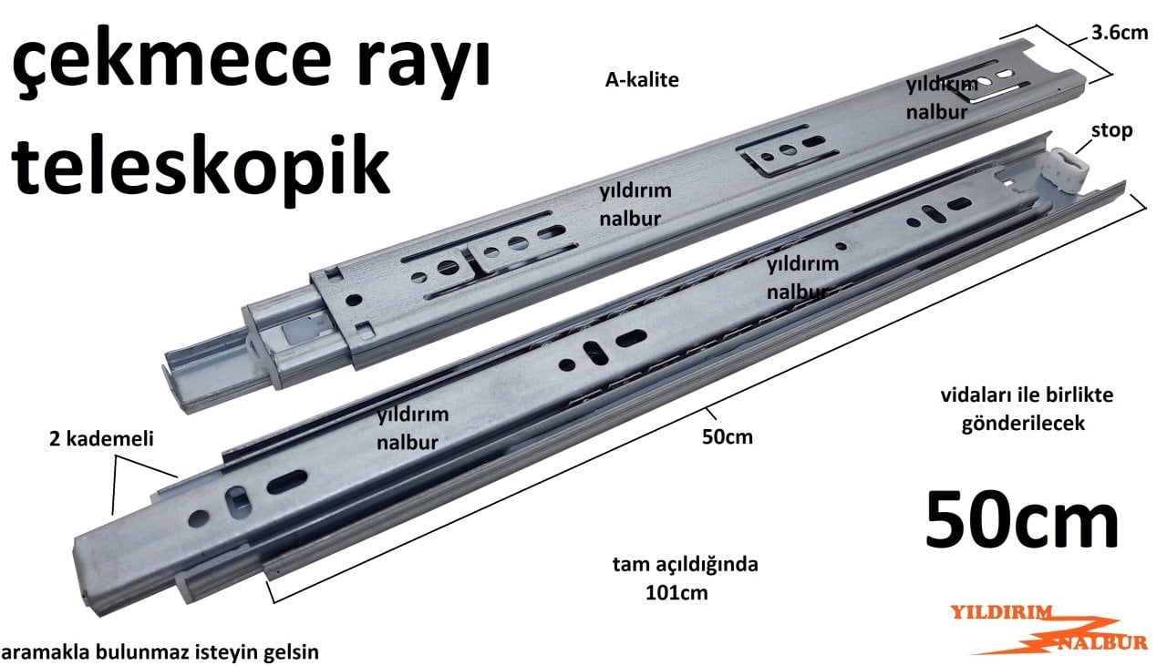 ÇEKMECE RAYI TELESKOPİK 50 CM UZAYAN RAY GÖZ METAL SÜRGÜ UZUN BOYLU SÜRGÜ DUBLE BOY