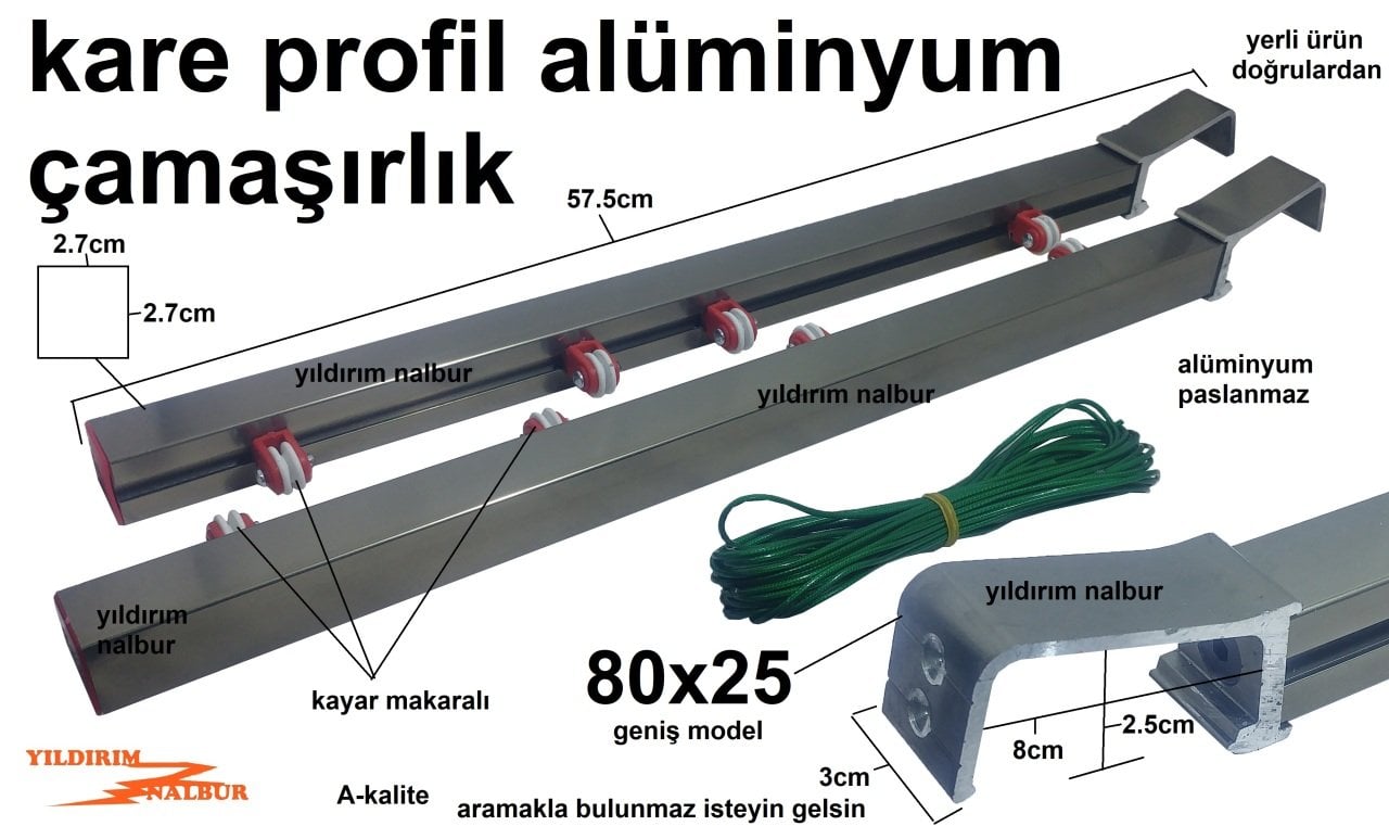 ALÜMİNYUM KARE PROFİL ÇAMAŞIRLIK 80X25 BÜYÜK MODEL MAKARALI 4 KAYAR MAKARALI PASLANMAZ A-KALİTE