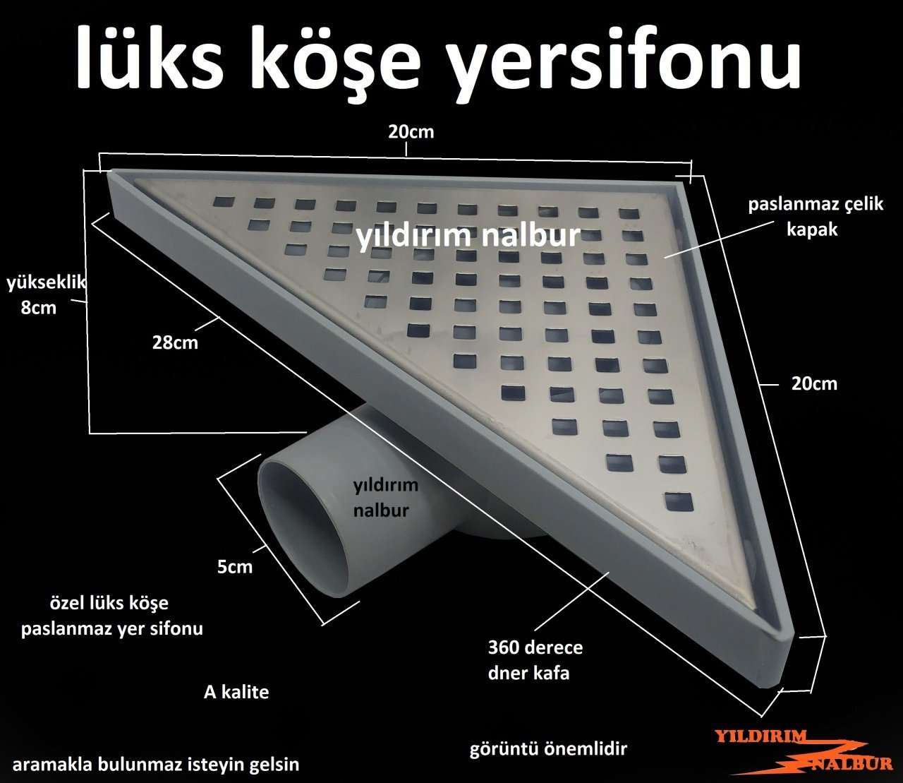 KÖŞE YERSİFONU 20X20X28 ÜÇGEN KROM PASLANMAZ KÖŞELİK YANDAN ÇIKIŞ YER SİFONU BÜYÜK BOY