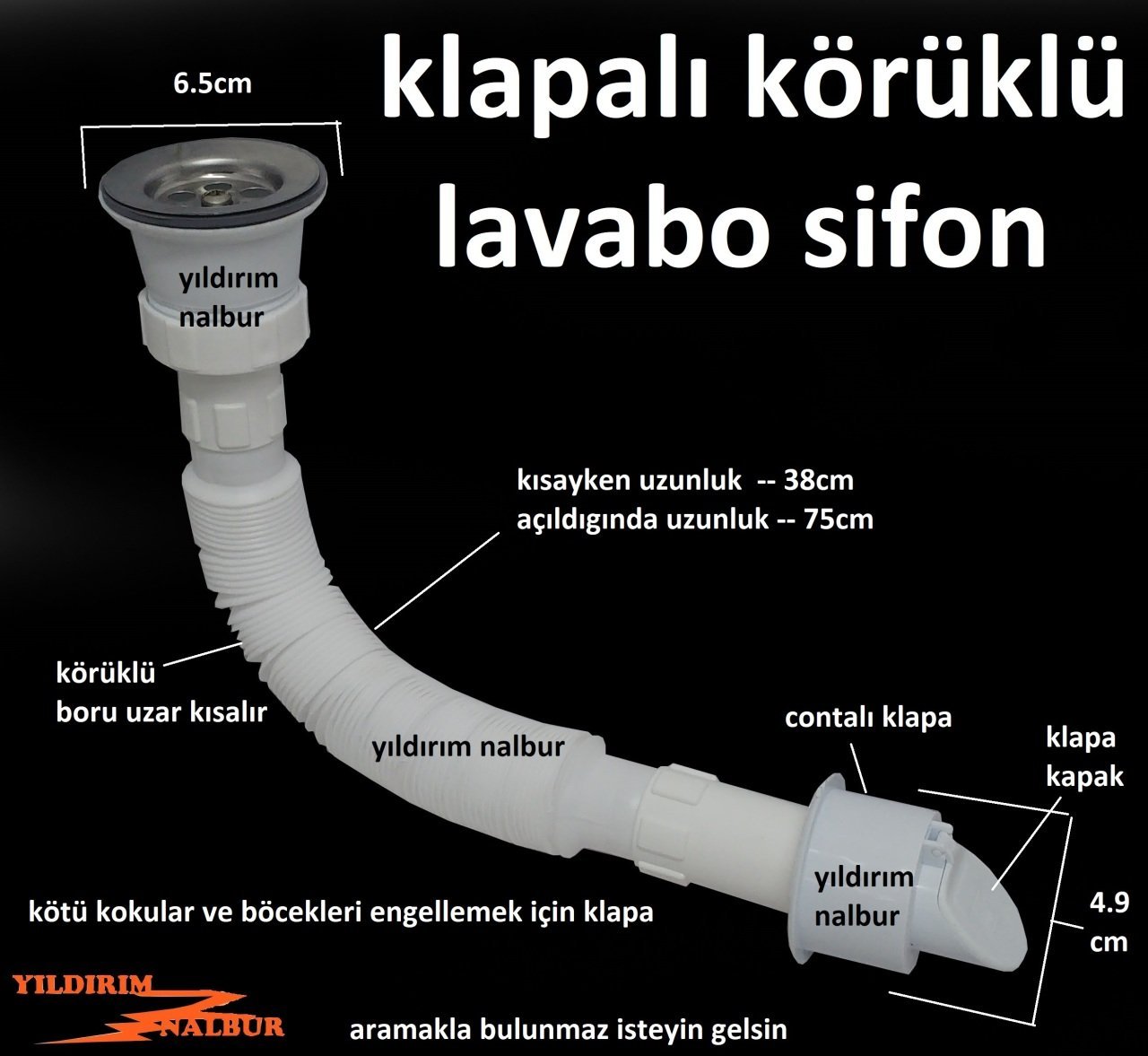 KLAPALI KÖRÜKLÜ LAVABO SİFONU 75CM KLAPELİ PASLANMAZ VİDALI KALİTELİ GİDER BORUSU