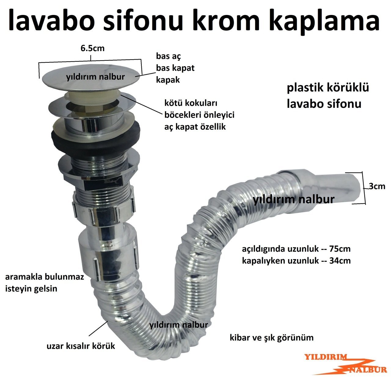 LAVABO SİFONU KÖRÜKLÜ PLASTİK LÜKS MODEL KROM LAVABO GİDER