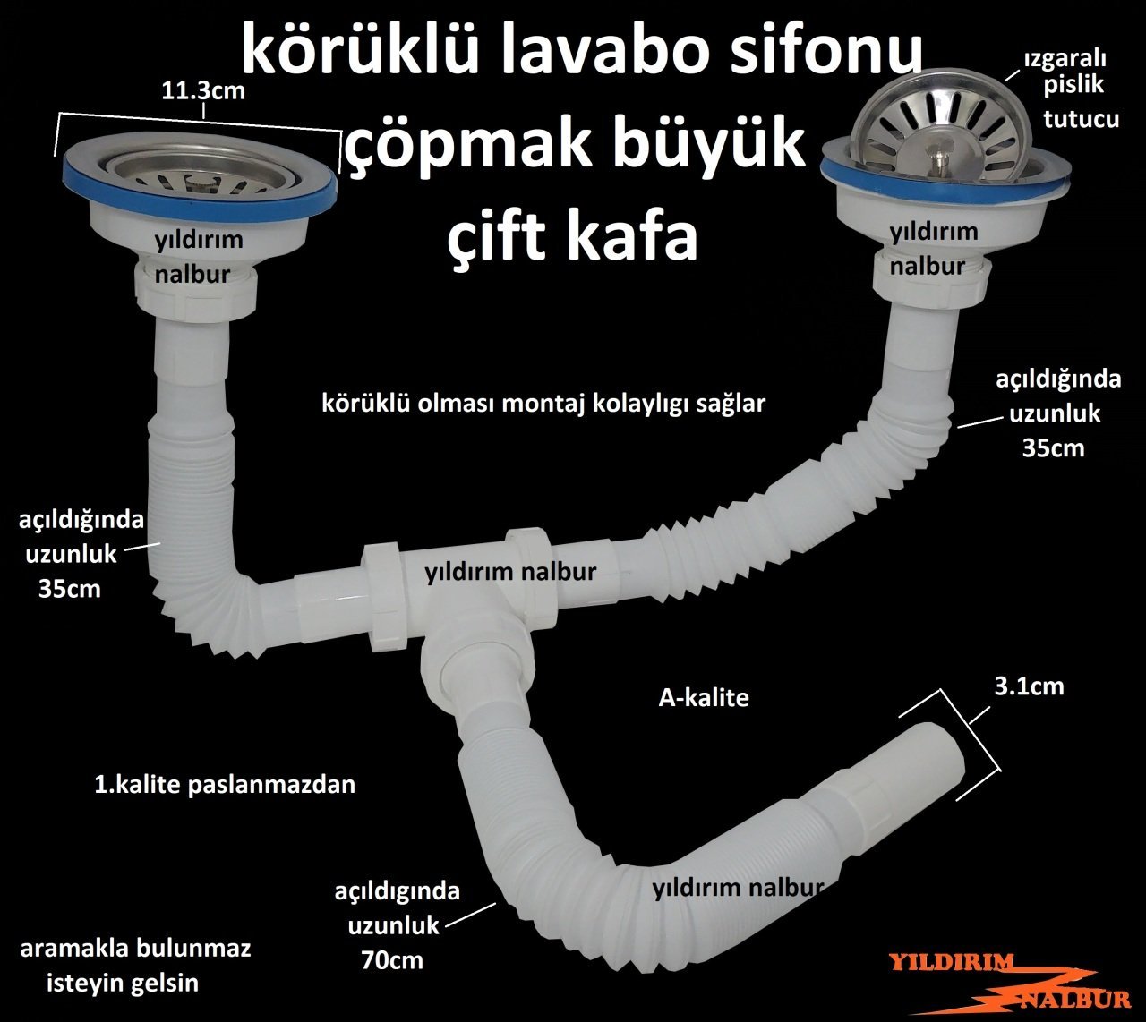 ÇÖPMAK KÖRÜKLÜ SİFON ÇİFTLİ BÜYÜK KAFA EVYE SİFONU LAVABO GİDERİ 1.KALİTE IZGARALI