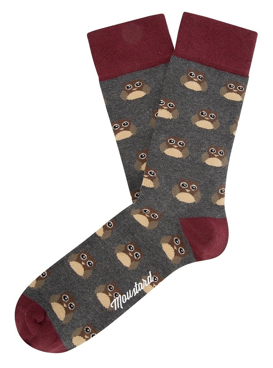 Moustard Baykuş Desenli Çorap-Socks Gri