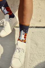 Moustard Yıldız Gemisi Desenli Çorap-Socks Lacivert