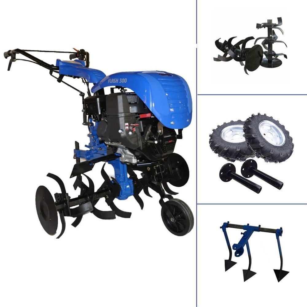 Flash 300 - 7Hp Benzinli 3+1 Şanzımanlı Çapa Makinası - Demiray 3'lü Kazayak-Teker Takımı