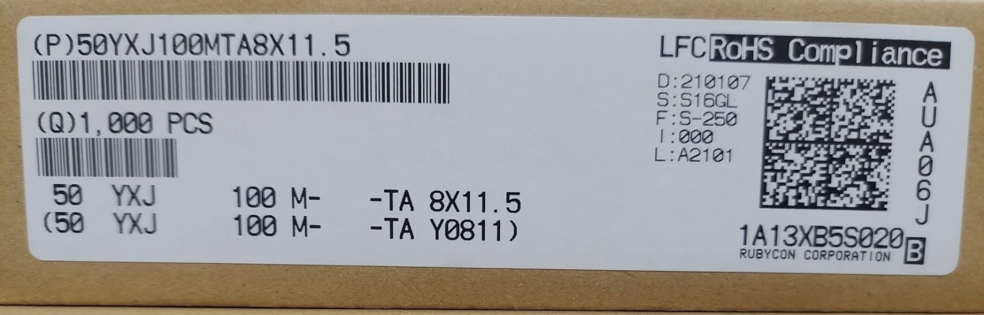 100UF 50V  105C 8X11,5  RUBYCON