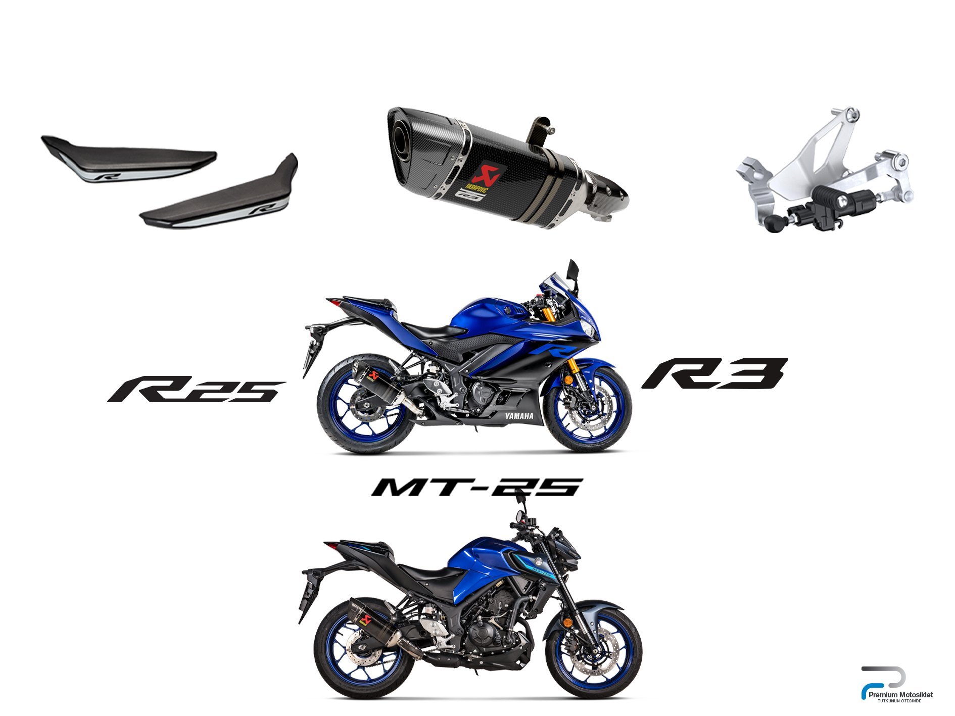 YAMAHA R3/R25/MT25 3'LÜ PAKET (AKRAPOVİC-YAN KORUMA-QSS)