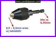 Bits uçlu Saplı Mandren mandiren ( Büyük ) 0,5 – 6,5mm arası uç almaktadır Bits uçlu matkapları zahmetsiz olarak normal matkaba çevirebilirsiniz