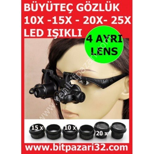 BÜYÜTEÇ GÖZLÜK LED IŞIKLI 10x 15x 20x 25x büyütme 4 ayrı lens yeni bit pazarı bitpazarı