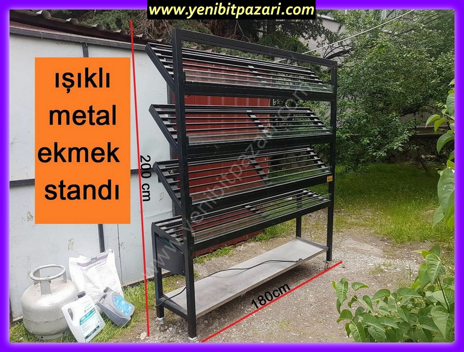 ışıklı ekmek teşhir rafı stand metal malzemeden yapılmıştır 5 raflıdır