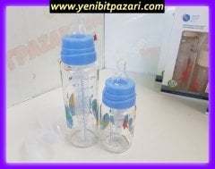 sıfır Bambino 2 li ikili cam bebek su mama biberon seti emzikli gaz önleyici mavi - beyaz - pembe 225 ml + 125 ml