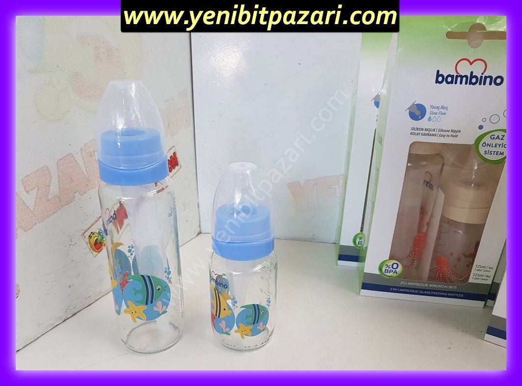 sıfır Bambino 2 li ikili cam bebek su mama biberon seti emzikli gaz önleyici mavi - beyaz - pembe 225 ml + 125 ml