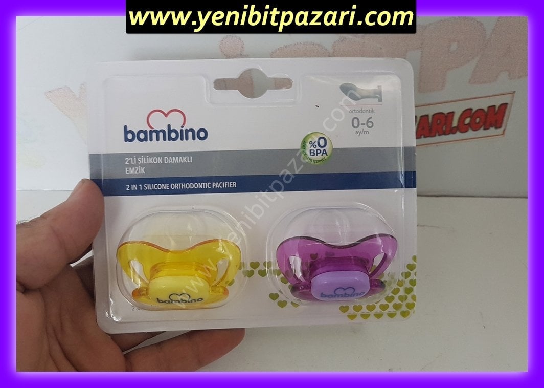 sıfır Bambino ikili silikon damaklı emzik emcik mor ve sarı