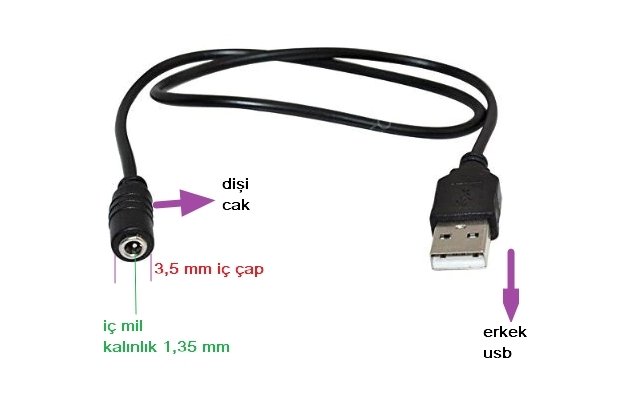 sıfır usb erkek to dişi jack 3.5x1.35 dc voltaj kablosu 110cm sorunsuz tablet için