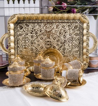 Özel Lüks Taşlı Saray Modeli Hürrem Sultan Altın Çay Takımı Seti