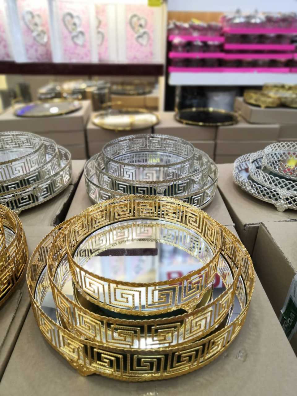 Aynalı Tepsi Versace Model 3'lü Gold-Gümüş