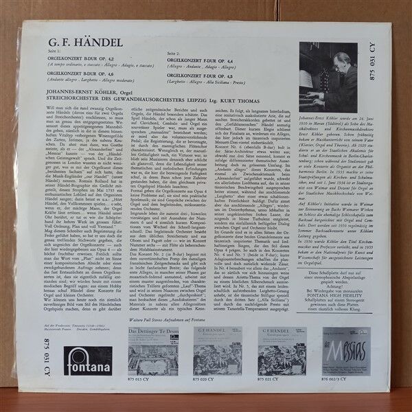G.F. HANDEL - JOHANNES-ERNST KÖHLER, STREICHORCHESTER DES GEWANDHAUSORCHESTERS LEIPZIG LTG. KURT THOMAS – ORGELKONZERTE OP.4 NR. 2,4,5,6 - LP 2.EL PLAK