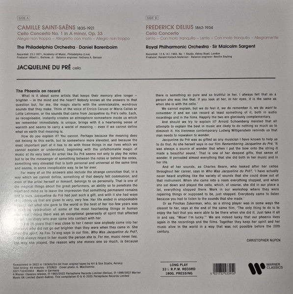 SAINT-SAENS CELLO CONCERTO NO.1 - DELIUS CELLO CONCERTO JACQUELINE DU PRE - LP 2025 EDITION SIFIR PLAK