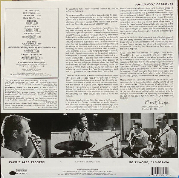 JOE PASS - FOR DJANGO (1964) - LP BLUE NOTE TONE POET SERIES 180GR 2022 EDITION SIFIR PLAK