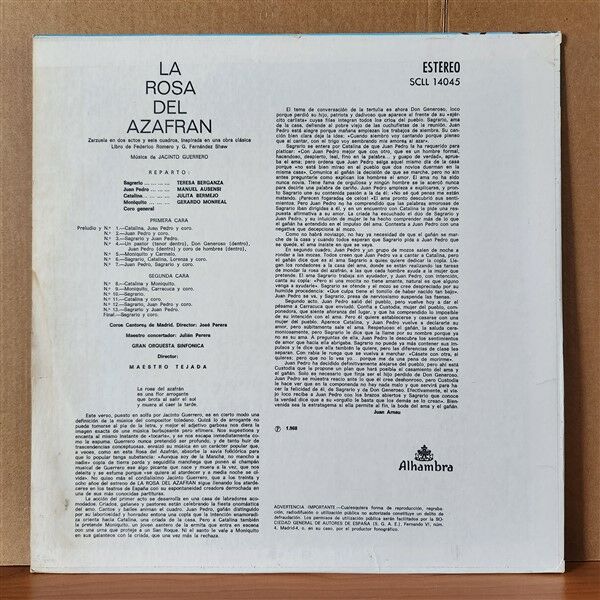 LA ROSA DEL AZAFRÁN / ROMERO, FERNÁNDEZ-SHAW, GUERRERO / TERESA BERGANZA, MANUEL AUSENSI, JULITA BERMEJO, GERARDO MONREAL / COROS CANTORES DE MADRID, GRAN ORQUESTA SINFONICA DIRECTOR: MAESTRO TEJADA (1962) - LP 2.EL PLAK