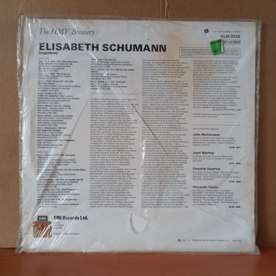 ELISABETH SCHUMANN – ARIAS & SONGS BY J.S. BACH · HANDEL · MAHLER · MOZART · SCHUBERT (1974) - LP DÖNEM BASKISI SIFIR PLAK