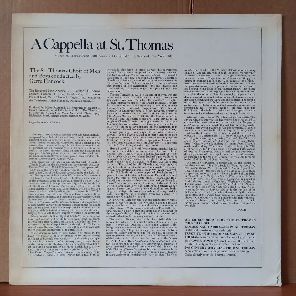 A CAPPELLA AT ST. THOMAS / THE ST. THOMAS CHOIR OF MEN AND BOYS (1979) - LP 2.EL PLAK