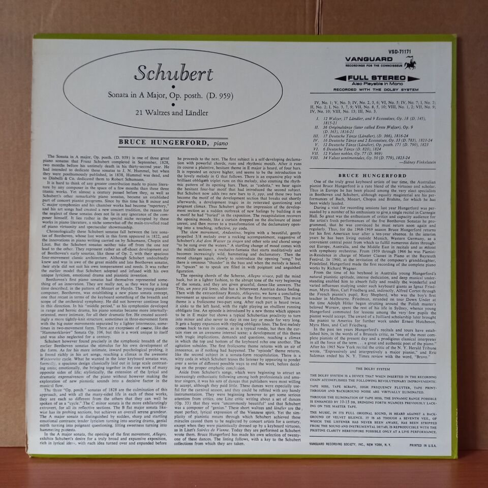 SCHUBERT: SONATA IN A MAJOR, OP. POSTH. (D959) 21 WALTZES AND LANDLER / BRUCE HUNGERFORD (1967) - LP 2.EL PLAK