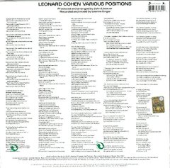 LEONARD COHEN - VARIOUS POSITIONS (1984) - LP 180GR 2017 EDITION SIFIR PLAK