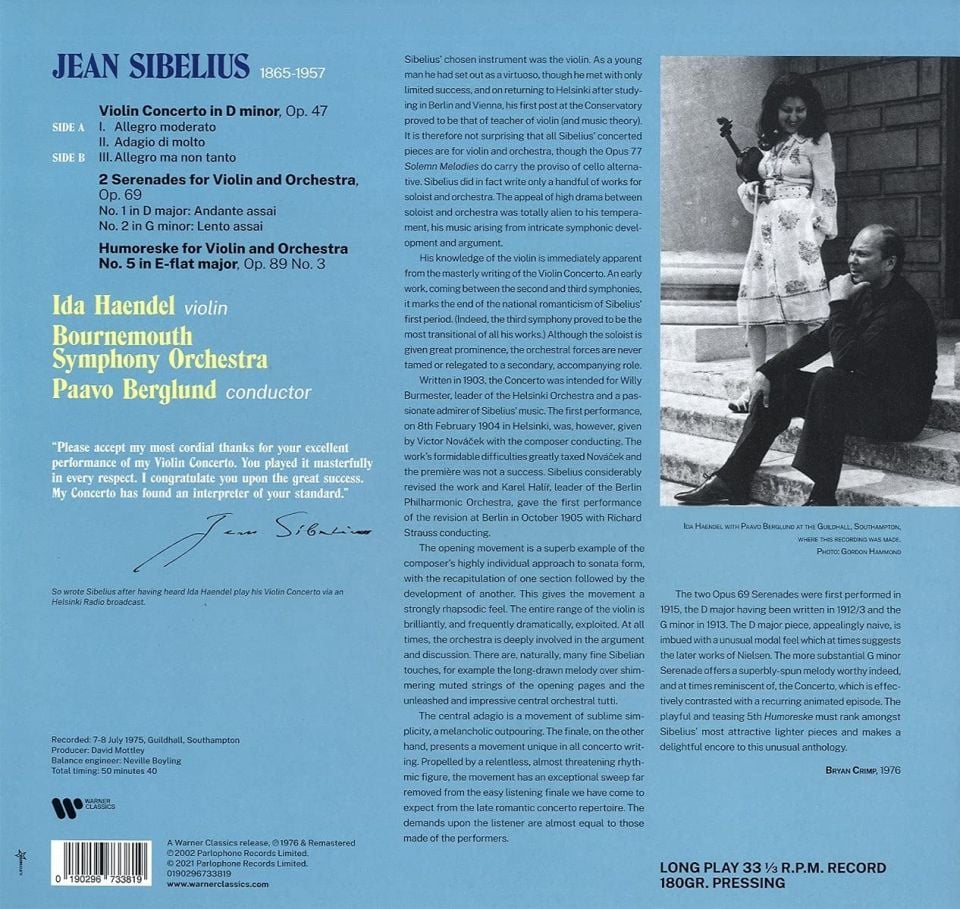 SIBELIUS - VIOLIN CONCERTO / 2 SERENADES (1976) IDA HAENDEL (VIOLIN) - LP 2021 EDITION SIFIR PLAK