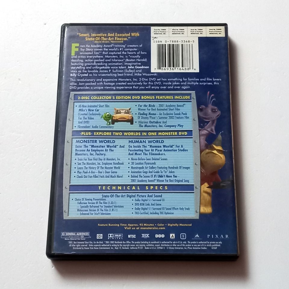 MONSTERS, INC. - COLLECTOR'S EDITION TWO DISC SET - ANİMASYON - SES.: BILLY CRYSTAL, JOHN GOODMAN - YÖN.: P. DOCTER, D. SILVERMAN, L. UNKRICH - 2DVD 1. BÖLGE TÜRKÇE ALTYAZI YOKTUR 2.EL