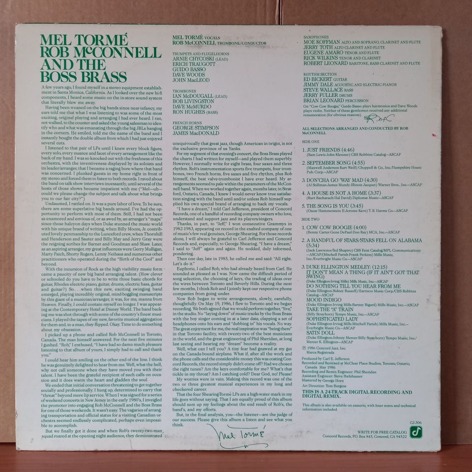 MEL TORME, ROB MCCONNELL AND THE BOSS BRASS – MEL TORME, ROB MCCONNELL AND THE BOSS BRASS (1986) - LP 2.EL PLAK