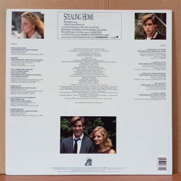STEALING HOME / ORIGINAL MOTION PICTURE SOUNDTRACK / DAVID FOSTER, BO DIDDLEY, THE EVERLY BROTHERS, THE FOUR SEASONS, JERRY LEE LEWIS (1988) - LP 2.EL PLAK