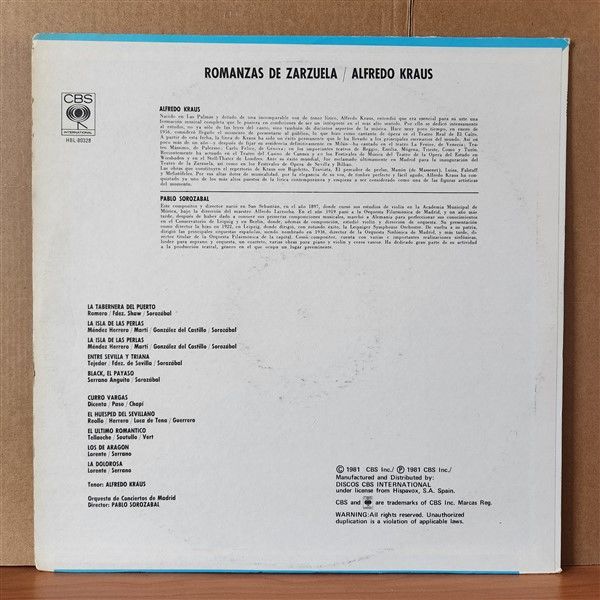 ROMANZAS DE ZARZUELA / ALFREDO KRAUS / PABLO SOROZÁBAL, ORQUESTA DE CONCIERTOS DE MADRID (1981) - LP 2.EL PLAK