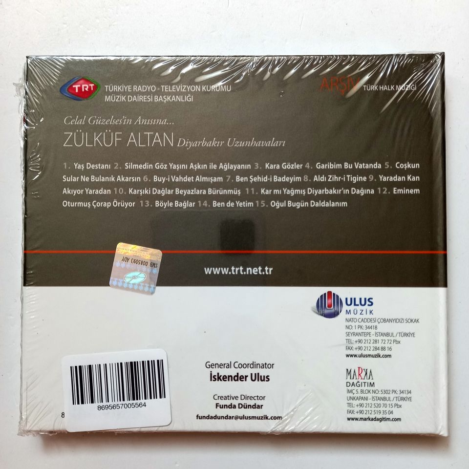 CELAL GÜZELSES'İN ANISINA... ZÜLKÜF ALTAN - DİYARBAKIR UZUNHAVALARI / TÜRK HALK MÜZİĞİ / TRT ARŞİV SERİSİ 85 - CD SIFIR